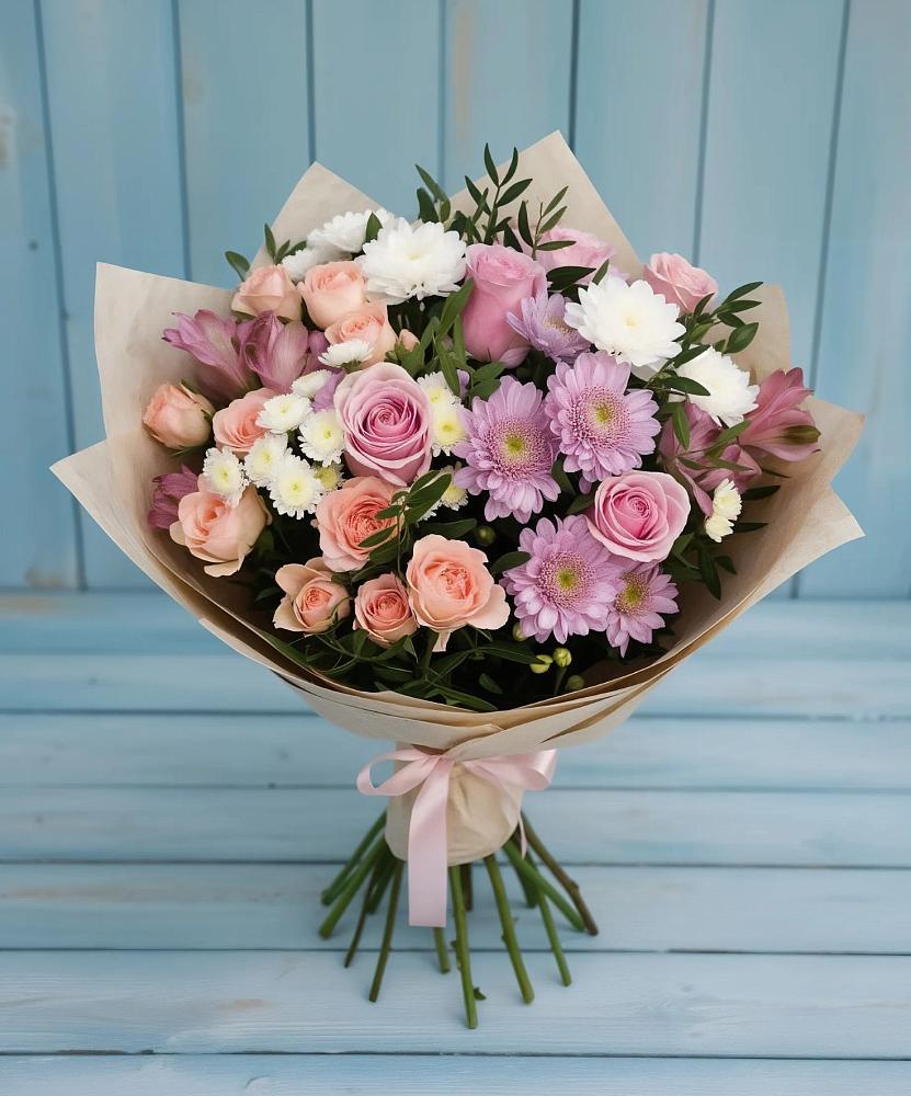 Букет цветов из: Хризантемы, Розы и Альстромерии в Пироговском