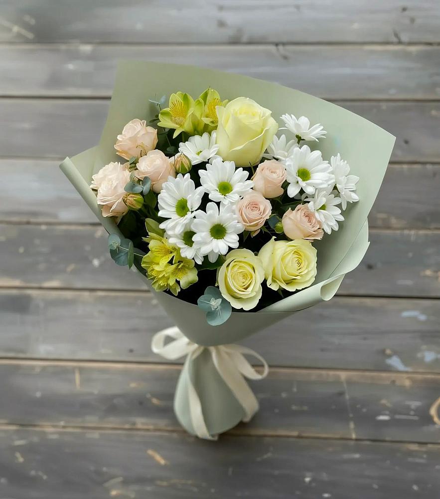 Букет цветов из: Альстромерии, Розы и Хризантемы в Пироговском
