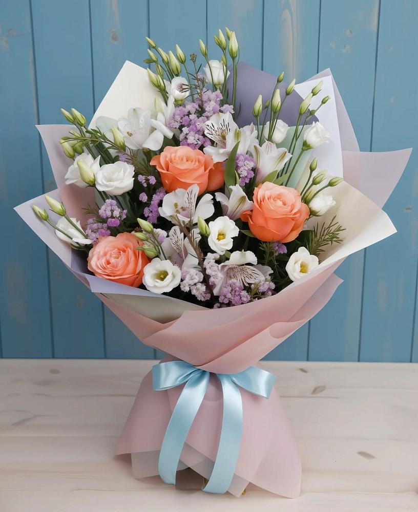 Букет цветов из: Лизиантусы, Розы, Альстромерии и Гипсофила в Пироговском