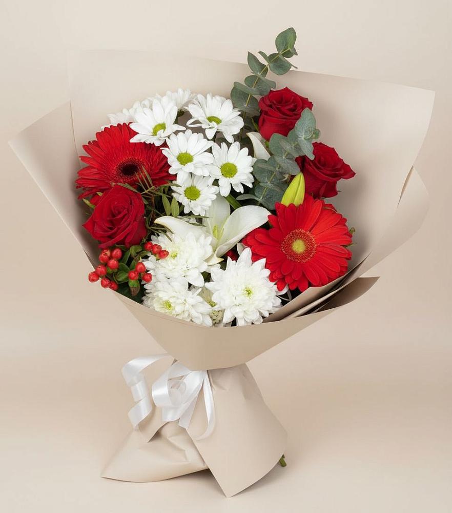 Букет цветов из: Розы, Хризантемы, Герберы и Лилии в Пироговском