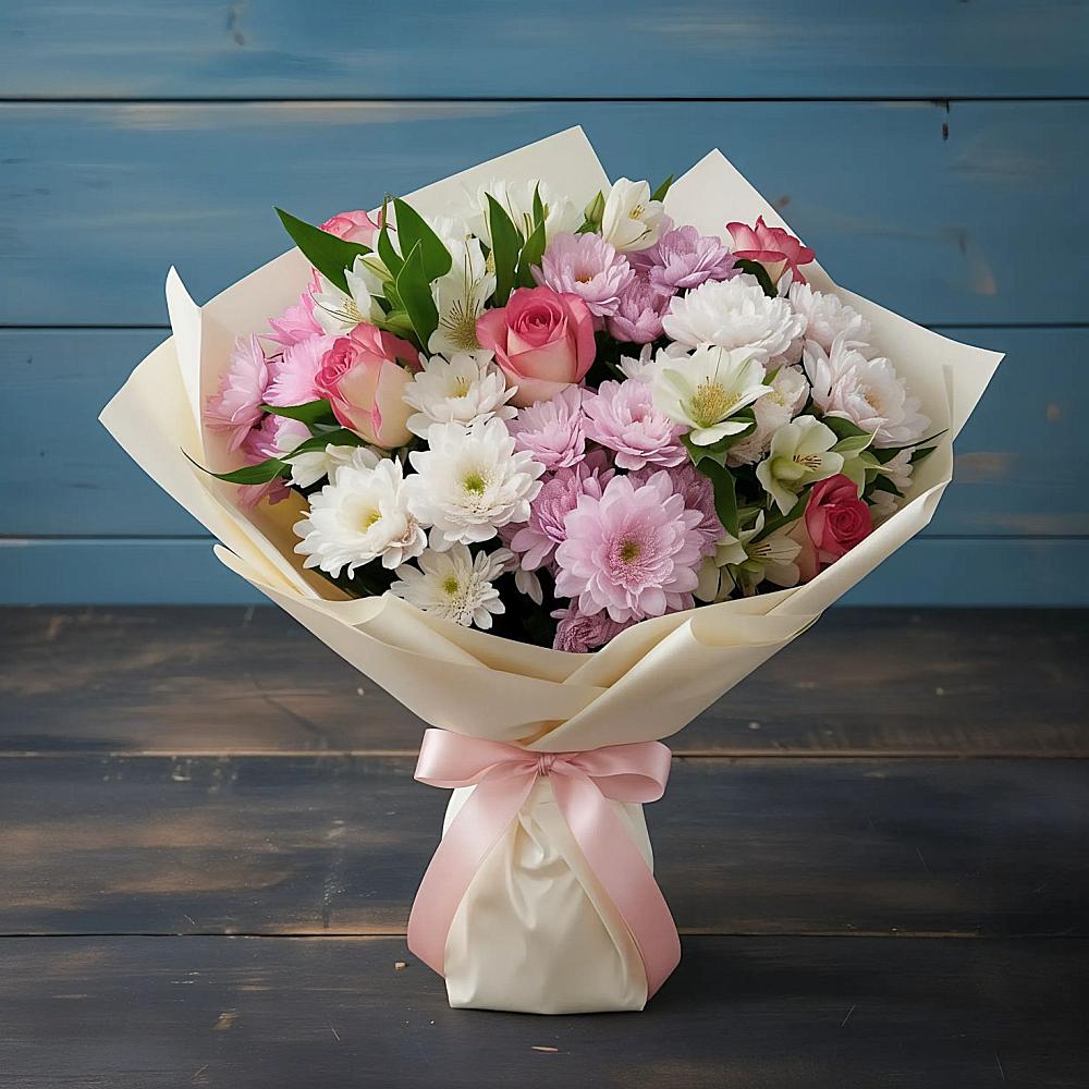 Букет цветов из: Хризантемы, Альстромерии и Розы в Пироговском